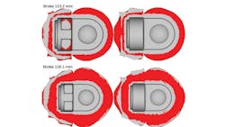 Fig. 4: Die filling finisher die (red=no contact to die, gray=contact to die). Fig. 4: Die filling finisher die (red=no contact to die, gray=contact to die).