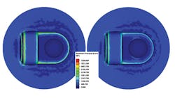 Fig. 10: Comparison of tensile stresses in lower die; at left, the original, at right, the optimized version.