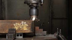 A 4in Ingersoll HiQuadXXX facemill takes off more than 0300 in per pass to fully penetrate the heavy oxide crust in a 4140 steel forging A 4in Ingersoll HiQuadXXX facemill takes off more than 0300 in per pass to fully penetrate the heavy oxide crust in a 4140 steel forging