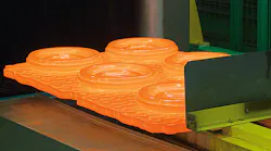 Isothermal forging is a closed-die process in which the dies and the workpieces are heated to the same temperature so that forming can take place without loss of temperature.