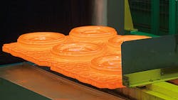 Isothermal forging is a closed-die process in which the dies and the workpieces are heated to the same temperature so that forming can take place without loss of temperature. Isothermal forging is a closed-die process in which the dies and the workpieces are heated to the same temperature so that forming can take place without loss of temperature.