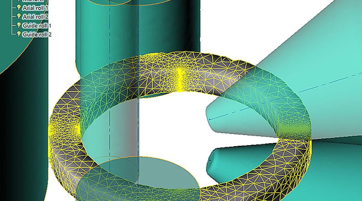 A computational mesh simulation of a ring-rolling sequence, one part of the dual-mesh method for ring-rolling simulation available in QForm.