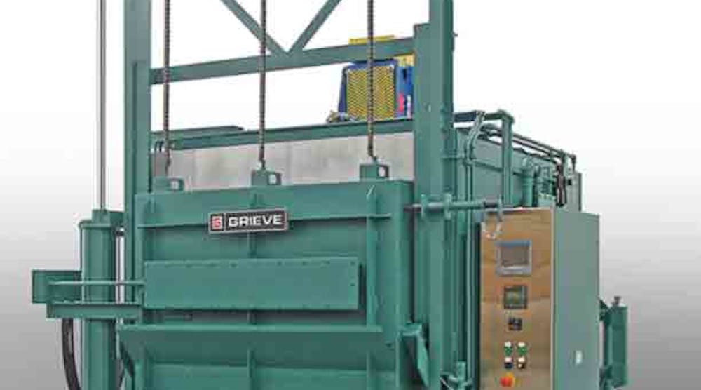 This Grieve inert-atmosphere furnace has a roof-mounted, heat-resisting alloy circulating fan powered by a 1-HP motor with V-belt drive, water-cooled bearings, and inert atmosphere shaft seal.