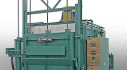 This Grieve inert-atmosphere furnace has a roof-mounted, heat-resisting alloy circulating fan powered by a 1-HP motor with V-belt drive, water-cooled bearings, and inert atmosphere shaft seal. This Grieve inert-atmosphere furnace has a roof-mounted, heat-resisting alloy circulating fan powered by a 1-HP motor with V-belt drive, water-cooled bearings, and inert atmosphere shaft seal.