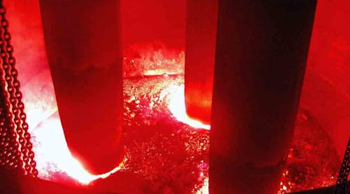 EAF melting involves an electric arc initiated between three electrodes to generate heat, to melt scrap and metallic iron. Ferroalloys are added to adjust the steel chemistry.