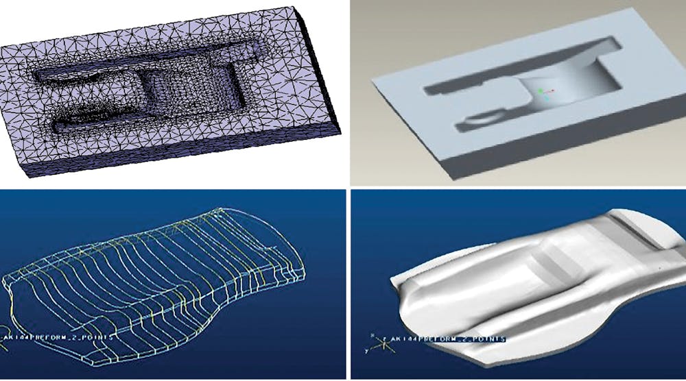 Clockwise from top left: Mesh image of the lower die, generated using Pro/Engineer; Solid model of the lower die for final step of the forging; Half-symmetrical solid model of the preform workpiece; Smooth curves of the die design, defined by points derived via CMM.