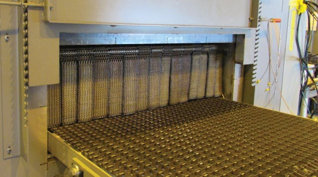 The 3 ft. 6 in. x 25 ft. x 1 ft. belt conveyor oven is designed to heat 3,000 lb./hour of aluminum billets from 70&deg; F to 950&deg; F