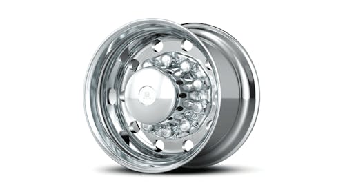 Alcoa introduced this 14-in. wide-base aluminum wheel earlier this year, producing it with a proprietary &ldquo;light weighting&rdquo; process. It weighs 58 lb., and is meant to replace dual wheels and reduce overall vehicle weights.