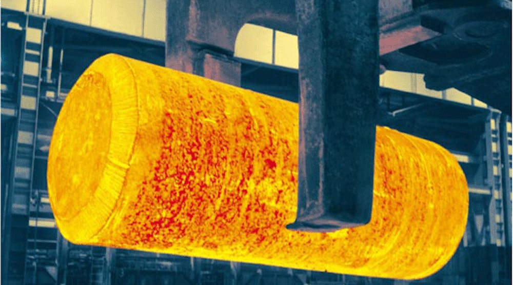 A heated ingot, produced from titanium sponge, is heated and transferred to a 4,000-ton open-die press at Timet’s Toronto, Ohio plant, prior to further processing as mill products.