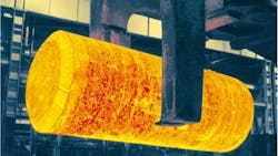 A heated ingot produced from titanium sponge is heated and transferred to a 4000ton opendie press at Timets Toronto OH plant prior to further processing as mill products A heated ingot produced from titanium sponge is heated and transferred to a 4000ton opendie press at Timets Toronto OH plant prior to further processing as mill products