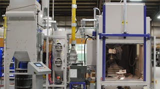 The robotic grit-blast system incorporates automatic tool changing to perform ID and OD surface preparation on a variety of complex-shaped parts.