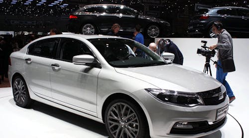 The Qoros 3 sedan was unveiled in March, and will be available this fall with a four-cylinder gas engine and manual or dual-clutch transmission. The new automaker also showed a pair of concept cars, including the Qoros 3 Cross Hybrid (in background), a hatchback version of the sedan that will incorporate an advanced hybrid drivetrain.