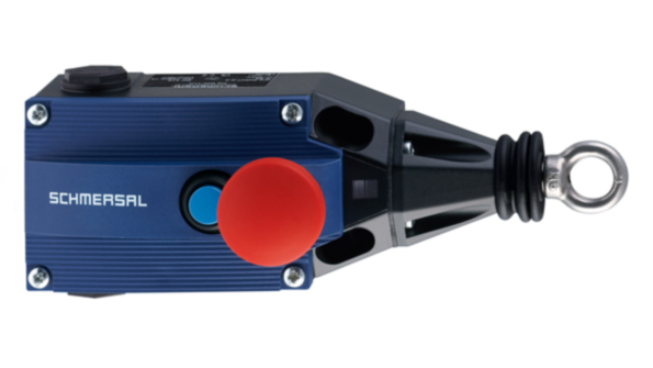 Both emergency cable pull switches have an integrated reset button because a latching mechanism maintains the emergency stop position when the cable is pulled and the switch is actuated