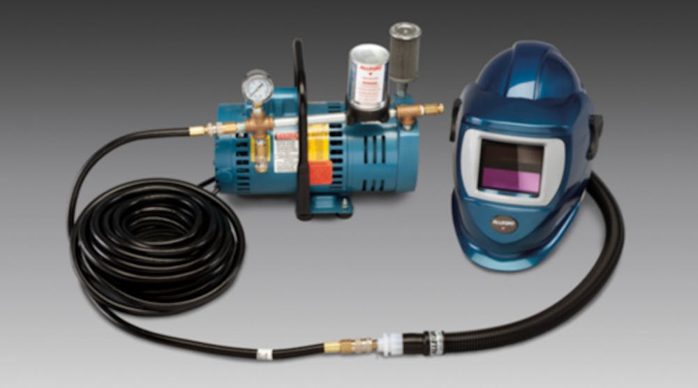 The Deluxe Supplied Air Shield and Welding Helmet (Blue) system is a NIOSH-approved and ANSI-certified package for one or two workers, including shields/welding helmets, an ambient-air pump, and 50 feet of breathing hose.