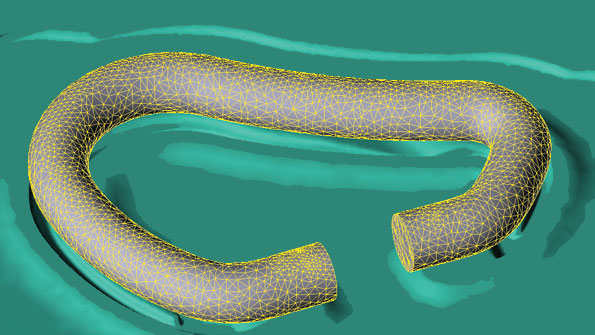 The finite element mesh of an aluminum carabiner forging at the beginning of stroke Graphic by courtesy of DMM International