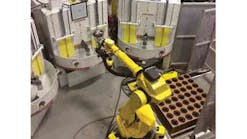 The three-machine grit-blasting cell incorporates a Fanuc M-710iC machine-tending robot with RXS-400 automated blast systems for unmanned descaling of forged automotive components.