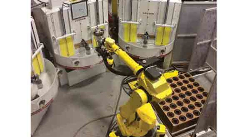 The three-machine grit-blasting cell incorporates a Fanuc M-710iC machine-tending robot with RXS-400 automated blast systems for unmanned descaling of forged automotive components.