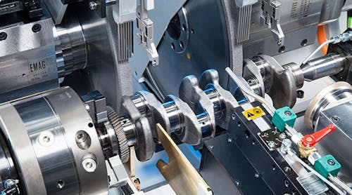 Two grinding wheels are used for simultaneous machining of two pin bearings, reducing cycle time considerably.