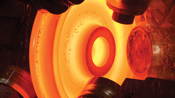 The recently commissioned wheel rolling line at Taiyuan Heavy Industry Railway Transit Equipment forges steel railway wheels in high volumes for Chinarsquos domestic demand