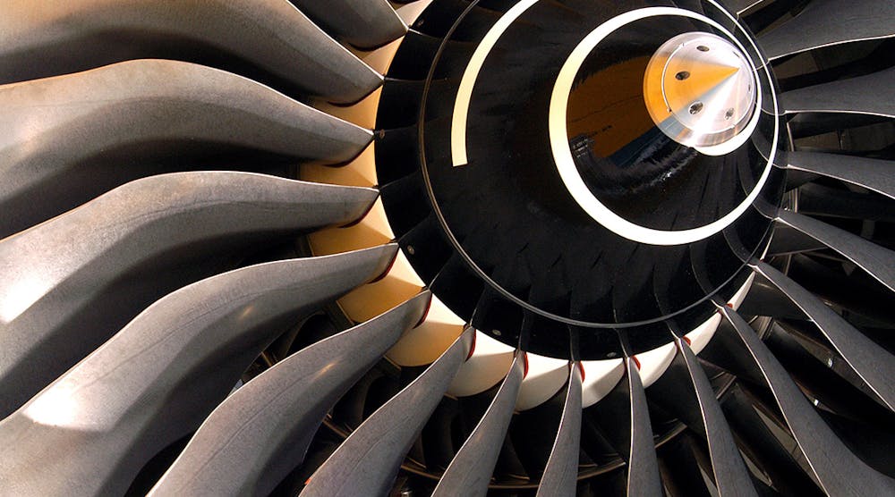 Titanium fan blades of a Trent 900 high-bypass turbofan engine.