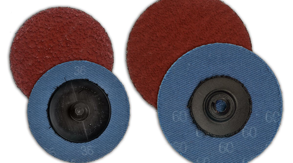 Ceramic C-PRIME discs shown in roll-on and turn-on styles: both are used for finishing, grinding, deburring and blending applications.