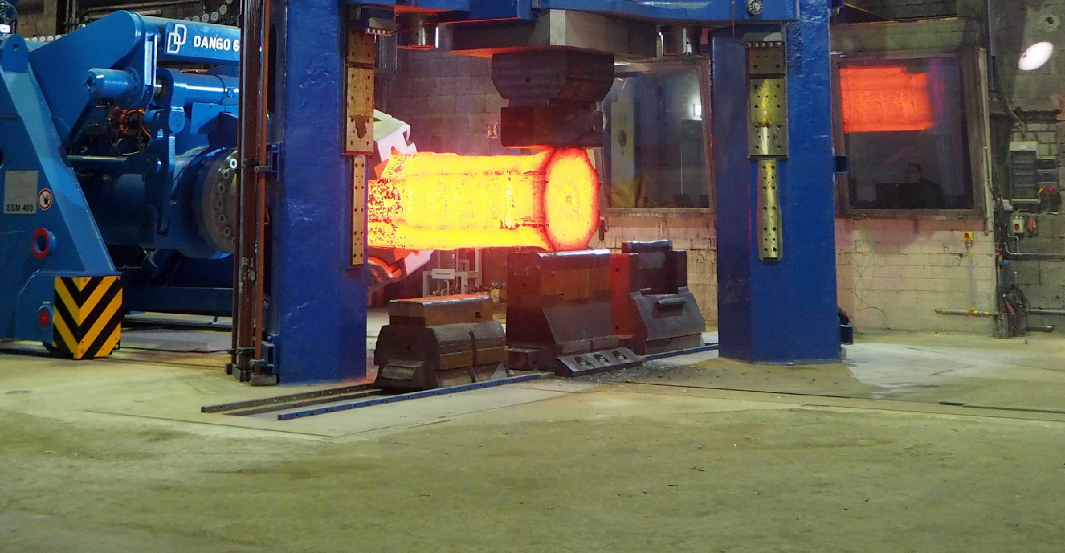 The first billet processed through the 31.5/34-MN, high-speed open-die forging press at Gustav Grimm in Remscheid, Germany, supplied by SMS group.