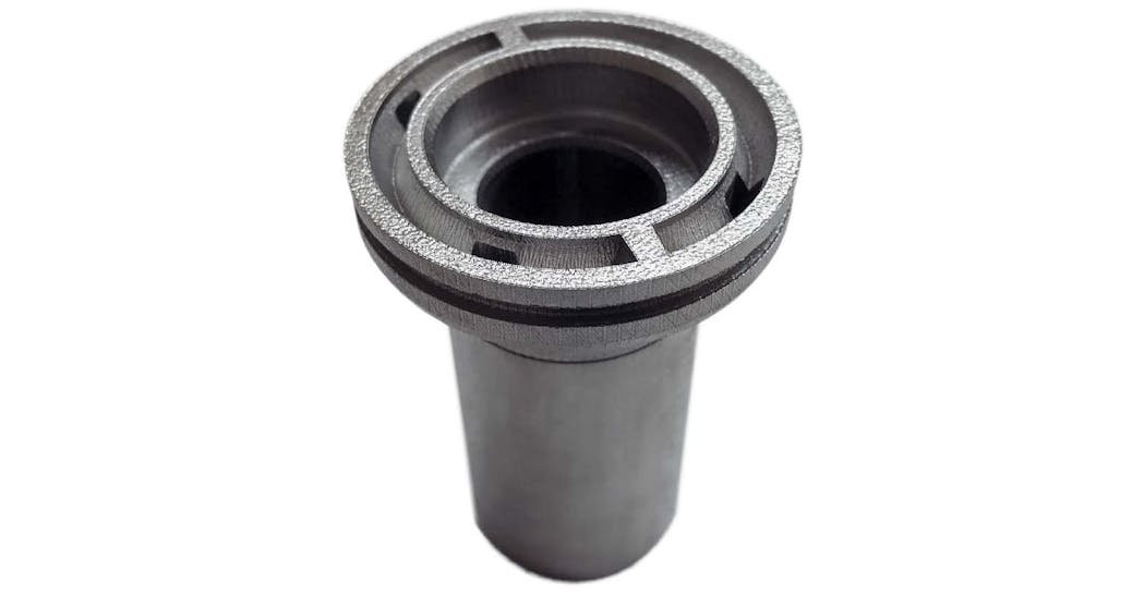 An expansion sleeve 3D-printed using amorphous metal. Thanks to the high elasticity of the amorphous material, it deforms more readily than a conventional sleeve. 3D printing makes it possible to produce the part in one piece instead of making components individually and then assembling them.