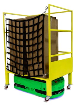 Figure 2: The RL350 robotic lifter from Vecna Robotics rises under a cart and lifts 350 kg off the ground. It then delivers the contents to the desired location, dropping down and leaving the cart. Figure 2: The RL350 robotic lifter from Vecna Robotics rises under a cart and lifts 350 kg off the ground. It then delivers the contents to the desired location, dropping down and leaving the cart.