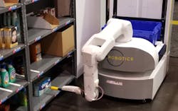 Figure 4: IAM Robotics put a robotic arm on its IAM Swift platform. The suction grip is designed for grabbing lightweight objects that would be typical in many warehouse pick-and-place environments. Figure 4: IAM Robotics put a robotic arm on its IAM Swift platform. The suction grip is designed for grabbing lightweight objects that would be typical in many warehouse pick-and-place environments.