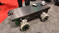 Figure 5: Omnidirectional wheels on Stanley Innovation&rsquo;s robot platform make it easy to move in tight quarters.