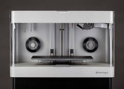 The Mark Two desktop 3D printer from Markforged combines the tough, non-marring properties of nylon with internal reinforcements of continuous-strand, high-strength composite fibers such as carbon fiber, Kevlar, and fiberglass to produce industrial-strength parts, such as tooling and fixtures. It helps alleviate the machine and operator time costs associated with the CNC production of workholding pieces. The Mark Two desktop 3D printer from Markforged combines the tough, non-marring properties of nylon with internal reinforcements of continuous-strand, high-strength composite fibers such as carbon fiber, Kevlar, and fiberglass to produce industrial-strength parts, such as tooling and fixtures. It helps alleviate the machine and operator time costs associated with the CNC production of workholding pieces.
