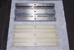 A metal workholding piece (top) made by CNC milling was replaced with a 3D-printed version (bottom) that was much less expensive and could be created in two days instead of two weeks. The printed version is also lighter and easier to handle. A metal workholding piece (top) made by CNC milling was replaced with a 3D-printed version (bottom) that was much less expensive and could be created in two days instead of two weeks. The printed version is also lighter and easier to handle.