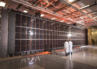The first Multi-mission Modular Solar Array unfurls at Lockheed Martin&rsquo;s site in Sunnyvale, Calif. The reconfigurable design delivers 50% more power despite being 30% lighter.