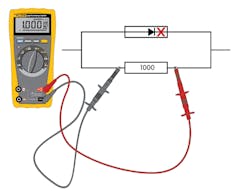 When measuring resistance in a circuit that includes a diode, DMM test voltages are kept below 0.6V so the semiconductor junctions do not conduct current. When measuring resistance in a circuit that includes a diode, DMM test voltages are kept below 0.6V so the semiconductor junctions do not conduct current.