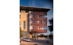 Perforated anodized aluminum is a central façade design element in the recently constructed central library in Austin, Texas. Perforated anodized aluminum is a central façade design element in the recently constructed central library in Austin, Texas.