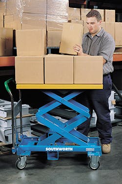 A platform cart with scissor lift allows for transporting and positioning loads for easy access.
