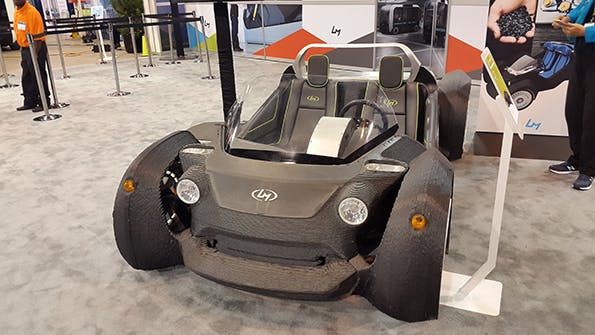 Local Motors 3D printed a car, Strati at last year&rsquo;s IMTS. This year they were back with more models: The rally car (Rally Righter), a Beach Cruiser (Swim), and the self-driving shuttle (Olli).