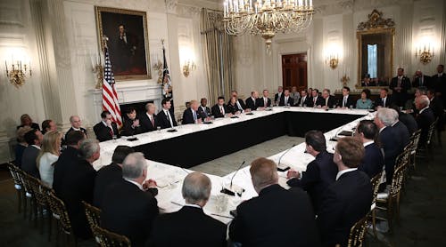 WASHINGTON, DC - FEBRUARY 23: U.S. President Donald Trump speaks during the opening of a listening session with manufacturing CEOs in the State Dining Room of the White House February 23, 2017 in Washington, DC. Trump met with the CEOs in an effort to develop beneficial new policies on taxes, trade and job creation. (Photo by Win McNamee/Getty Images)