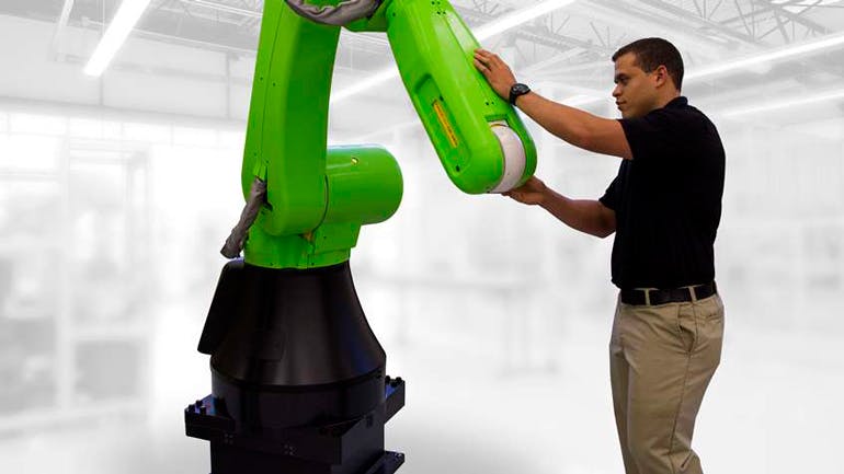The FANUC CR-35iA is their first-ever force-limited robot. The soft outer shell has sophisticated sensing technology and is designed to work alongside humans in collaborative environments.