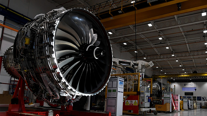 The Rolls Royce Trent XWB engine on the assembly line in Derby, England.