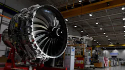 The Rolls Royce Trent XWB engine on the assembly line in Derby, England.