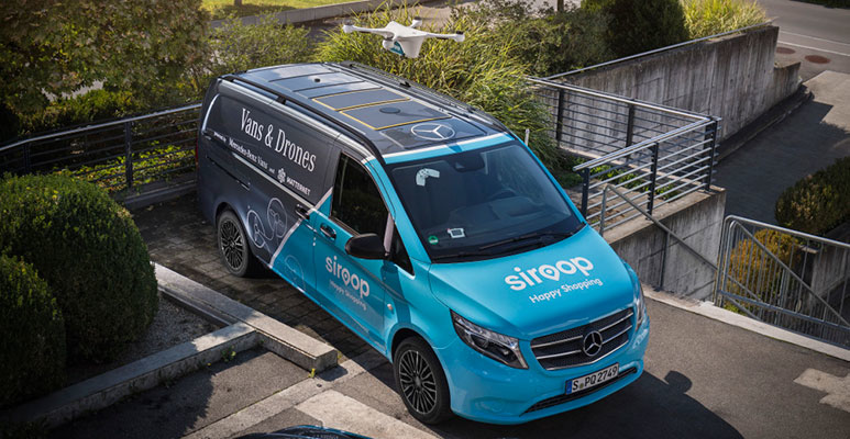 drone landing on Mercedes Benz Siroop van