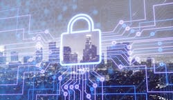 Image shows digital lock icon and city background, concept of data security Image shows digital lock icon and city background, concept of data security