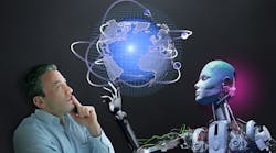 Human and robots to work together in the near future. This combination will accelerate developing technology. Businessman and cyborg organizes global communication.