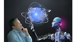Human and robots to work together in the near future. This combination will accelerate developing technology. Businessman and cyborg organizes global communication.