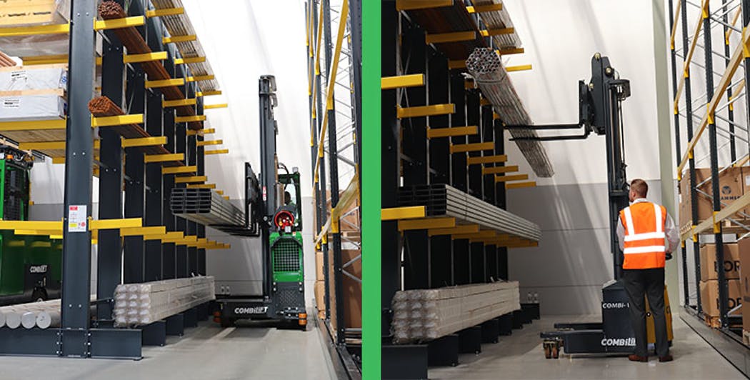 Manufacturers can employ the Aisle Master (left) and/or Combie-WR (right) to slim down space between racks to provide more storage or production space.