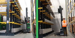 Manufacturers can employ the Aisle Master (left) and/or Combie-WR (right) to slim down space between racks to provide more storage or production space.