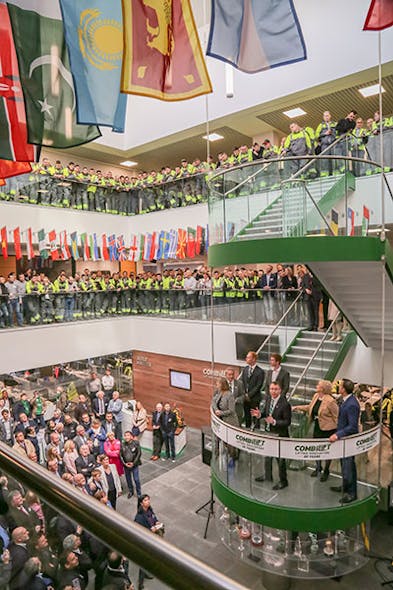 Co-founder and managing director address the crowd at the grand opening of Combilift&apos;s new state-of-the-art forklift factory in late April.