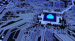 A digital interpretation of a circuitboard and a padlock.