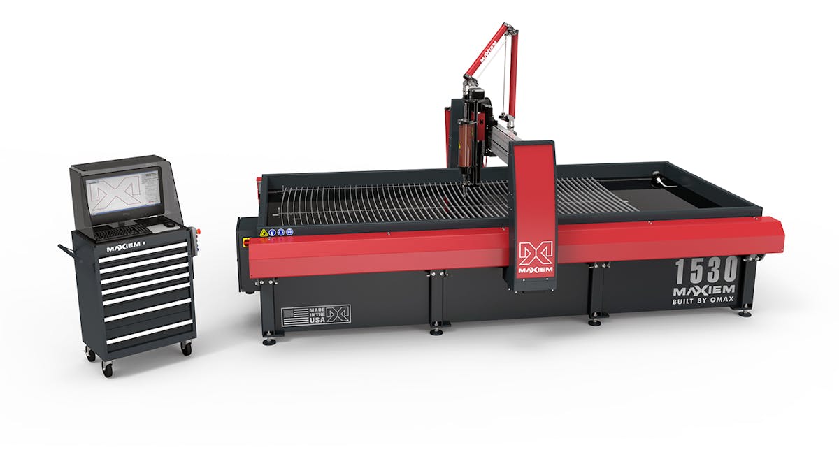 The MAXIEM 1530 has an X-Y cutting travel area of 10 ft 2 in. x 5 ft 2 in., and cuts metal, plastic, glass, ceramics, stone, and composites without creating heat-affected zones or mechanical stresses.